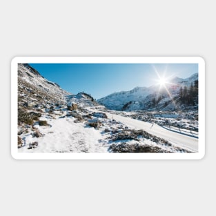 Swiss Alps - Flüelapass Mountain Pass Panorama on Sunny Winter Day Sticker